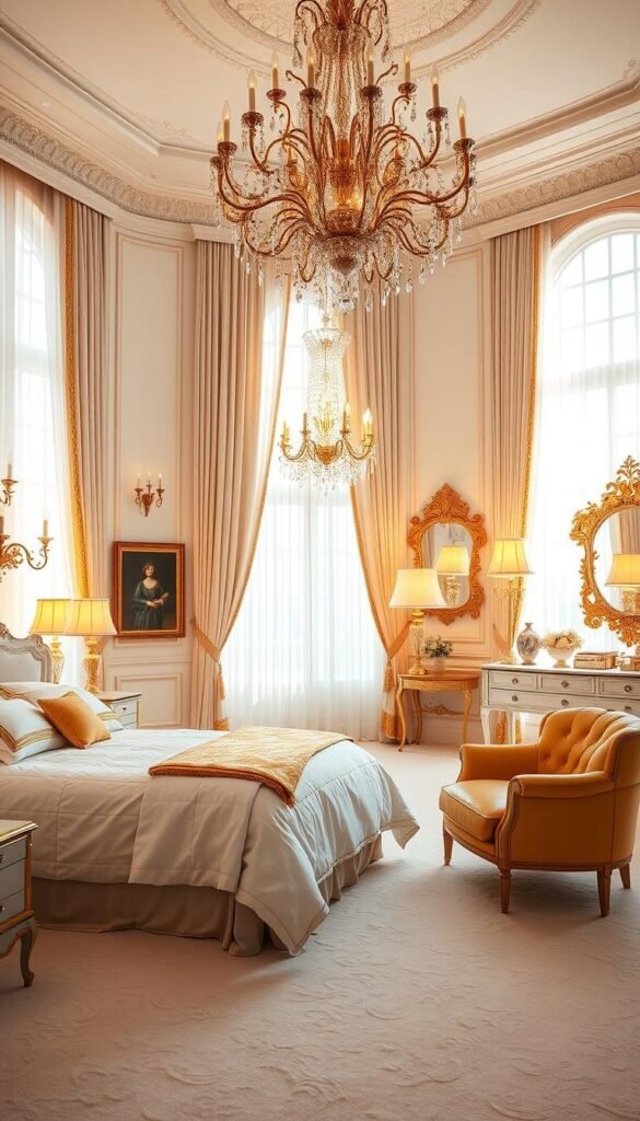 A luxurious white and gold bedroom filled with a warm, inviting glow. The spacious room features a plush king-sized bed with crisp white linens and gold accents. Sheer curtains frame floor-to-ceiling windows, allowing natural light to filter in and create a soft, ambient illumination. Strategically placed sconces and table lamps cast a gentle, golden radiance, highlighting the elegant decor. A stunning crystal chandelier hangs overhead, reflecting light and adding a touch of glamour. Ornate gold-framed artwork and mirrors adorn the walls, while a cozy sitting area with a gold-tufted chaise invites relaxation. The overall atmosphere is one of sophisticated elegance and tranquility.