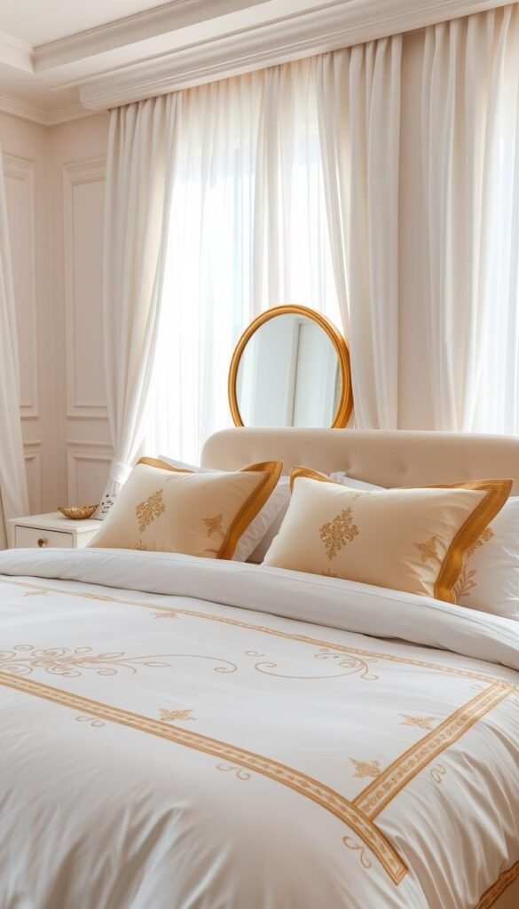 A luxurious white and gold bedroom with meticulously arranged bedding. In the foreground, a plush king-size bed is adorned with a pristine white comforter, accented by delicate golden embroidery and trim. Silky gold-patterned pillows and a matching throw blanket add lavish touches. The middle ground features a pair of elegant nightstands with subtle gold hardware, and a minimalist gold-framed mirror on the wall behind the bed. The background depicts a serene, sun-dappled room with soft white curtains billowing in the gentle breeze, creating a warm, inviting atmosphere. Soft, diffused lighting casts a glowing, romantic ambiance throughout the space.