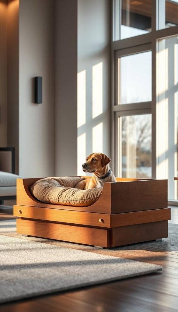 A luxurious wooden dog bed with a cozy, modern design sits in a well-lit, stylish room. The bed features a smooth, natural-grain wooden frame with plush, cushioned bedding in a neutral, earthy tone. Ambient lighting casts a warm, inviting glow, while sleek, minimalist decor and large windows create an elegant, high-end ambiance. The bed is elevated slightly on a wooden pedestal, giving it a premium, display-worthy presence. Subtle, refined details like brass hardware and a subtle pattern on the cushion elevate the overall look. The scene exudes a sense of comfortable sophistication, perfectly suited for a discerning pet owner's home. A luxurious wooden dog bed with a cozy, modern design sits in a well-lit, stylish room. The bed features a smooth, natural-grain wooden frame with plush, cushioned bedding in a neutral, earthy tone. Ambient lighting casts a warm, inviting glow, while sleek, minimalist decor and large windows create an elegant, high-end ambiance. The bed is elevated slightly on a wooden pedestal, giving it a premium, display-worthy presence. Subtle, refined details like brass hardware and a subtle pattern on the cushion elevate the overall look. The scene exudes a sense of comfortable sophistication, perfectly suited for a discerning pet owner's home.