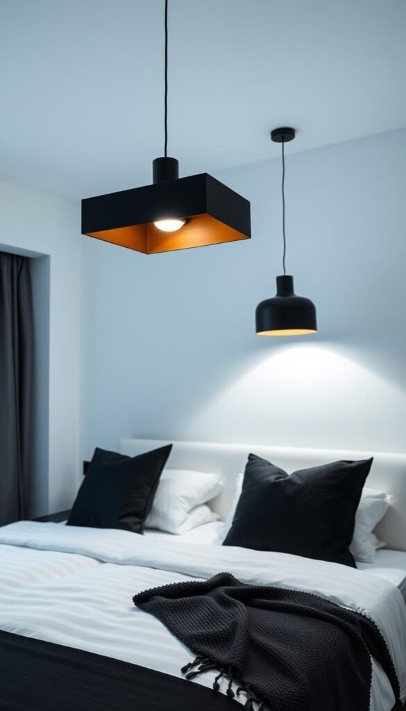 A modern, chic bedroom with a striking black and white color scheme. The focal point is a pair of sleek, minimalist pendant lights above the nightstands, casting a warm, ambient glow. The lighting fixtures feature a modern, geometric silhouette in a matte black finish, complementing the monochrome palette. The room is bathed in a soft, diffused light, creating a cozy and inviting atmosphere. The walls are a pristine white, while the bedding and accents, such as pillows and a throw, add pops of black for a balanced, sophisticated look. The overall mood is one of understated elegance and refined, contemporary style. A modern, chic bedroom with a striking black and white color scheme. The focal point is a pair of sleek, minimalist pendant lights above the nightstands, casting a warm, ambient glow. The lighting fixtures feature a modern, geometric silhouette in a matte black finish, complementing the monochrome palette. The room is bathed in a soft, diffused light, creating a cozy and inviting atmosphere. The walls are a pristine white, while the bedding and accents, such as pillows and a throw, add pops of black for a balanced, sophisticated look. The overall mood is one of understated elegance and refined, contemporary style.