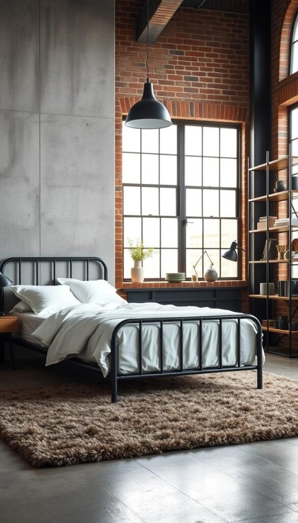 A modern industrial bedroom showcasing a harmonious color palette. In the foreground, a minimalist metal-framed bed with crisp white linens is positioned against a feature wall of exposed concrete. Warm-toned wooden nightstands and a mid-century style pendant light create a cozy ambiance. The middle ground features a plush area rug in muted earthy tones, complementing the industrial-chic theme. In the background, large windows allow natural light to flood the space, illuminating the exposed brick walls and steel-trimmed shelving unit displaying décor accents in muted greens and grays. The overall mood is one of understated elegance, blending industrial elements with a serene, inviting atmosphere.