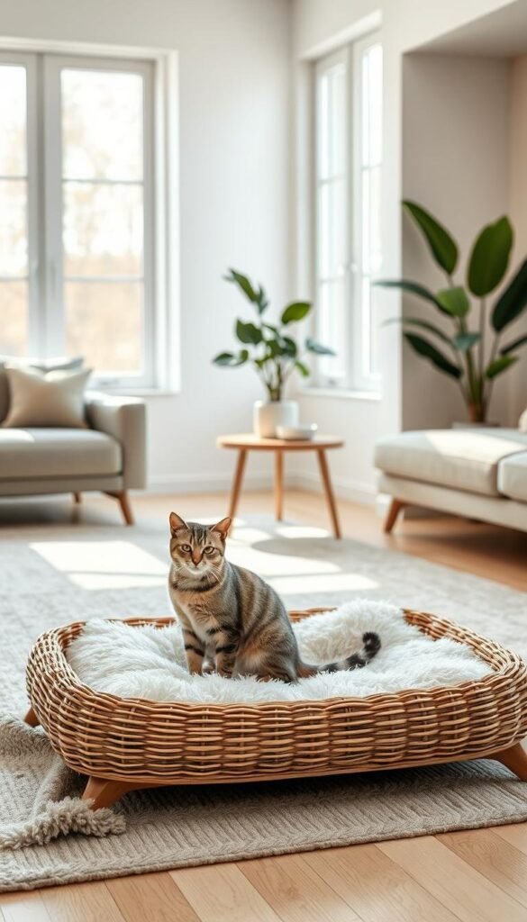 A modern living room with sleek, minimalist furniture. In the foreground, an eco-friendly pet bed made of natural materials, such as woven rattan or bamboo, sits on a fluffy rug. A cat perches comfortably on the bed, its paws tucked under its body. In the middle ground, a modern side table with a potted plant and a stylish pet water bowl. The walls are painted in a calming, neutral color, and the room is bathed in warm, natural lighting from large windows. The overall atmosphere is one of tranquility and harmony, where humans and pets coexist in a beautifully designed, sustainable space. A modern living room with sleek, minimalist furniture. In the foreground, an eco-friendly pet bed made of natural materials, such as woven rattan or bamboo, sits on a fluffy rug. A cat perches comfortably on the bed, its paws tucked under its body. In the middle ground, a modern side table with a potted plant and a stylish pet water bowl. The walls are painted in a calming, neutral color, and the room is bathed in warm, natural lighting from large windows. The overall atmosphere is one of tranquility and harmony, where humans and pets coexist in a beautifully designed, sustainable space.