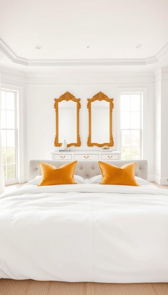 A modern, luxurious bedroom featuring a harmonious white and gold color scheme. In the foreground, a plush, king-sized bed draped in crisp, white linens and accented with golden throw pillows and a sumptuous, tufted headboard. Across the middle ground, a pair of elegant, gold-framed mirrors flank a sleek, white dresser adorned with delicate, golden hardware. The background showcases floor-to-ceiling windows, allowing natural light to cascade into the space, illuminating the soft, white walls and creating a warm, inviting atmosphere. The overall design exudes sophistication, elegance, and a touch of glamour, perfectly complementing the "White and Gold Bedroom" concept.