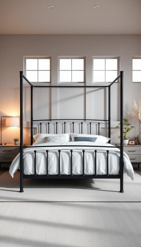 A modern, minimalist bedroom with a sleek black metal bedframe as the centerpiece. Soft lighting from floor lamps casts a warm glow, complementing the dark tones. The bedframe is flanked by nightstands in a contrasting light wood or gray finish. Plush white bedding and accent pillows add visual balance. The walls are painted in a neutral, muted shade, allowing the black frame to stand out. Large windows let in natural light, creating depth and airy ambiance. Subtle green plants or fresh flowers on the nightstands bring a touch of nature. The overall atmosphere is calming, sophisticated, and tailored to showcase the allure of the black bedframe. A modern, minimalist bedroom with a sleek black metal bedframe as the centerpiece. Soft lighting from floor lamps casts a warm glow, complementing the dark tones. The bedframe is flanked by nightstands in a contrasting light wood or gray finish. Plush white bedding and accent pillows add visual balance. The walls are painted in a neutral, muted shade, allowing the black frame to stand out. Large windows let in natural light, creating depth and airy ambiance. Subtle green plants or fresh flowers on the nightstands bring a touch of nature. The overall atmosphere is calming, sophisticated, and tailored to showcase the allure of the black bedframe.