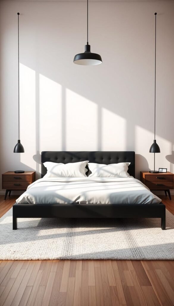 A modern, spacious master bedroom with a sleek black bed frame as the centerpiece. The frame is positioned against a large window, allowing natural light to pour in and cast soft shadows across the room. The walls are painted in a neutral, muted tone, complementing the minimalist decor. A plush, textured area rug grounds the space, while a pair of mid-century inspired nightstands flank the bed. Subtle accent lighting from a pendant fixture overhead creates a warm, cozy ambiance. The overall aesthetic is one of understated elegance, where the black bed frame serves as a bold, statement piece within the harmonious, contemporary living space. A modern, spacious master bedroom with a sleek black bed frame as the centerpiece. The frame is positioned against a large window, allowing natural light to pour in and cast soft shadows across the room. The walls are painted in a neutral, muted tone, complementing the minimalist decor. A plush, textured area rug grounds the space, while a pair of mid-century inspired nightstands flank the bed. Subtle accent lighting from a pendant fixture overhead creates a warm, cozy ambiance. The overall aesthetic is one of understated elegance, where the black bed frame serves as a bold, statement piece within the harmonious, contemporary living space.