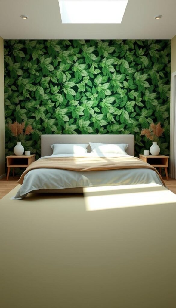 A serene, eco-friendly bedroom with muted, nature-inspired paint colors. High-key lighting illuminates lush, leafy wallpaper in the background, casting a calming, rejuvenating atmosphere. In the foreground, a soothing palette of soft greens, light blues, and earthy neutrals covers the walls, creating a tranquil, spa-like ambiance. Gentle shadows and highlights accentuate the textural details of the sustainable, low-VOC paints. The overall scene evokes a sense of harmony between the bedroom space and the natural world. A serene, eco-friendly bedroom with muted, nature-inspired paint colors. High-key lighting illuminates lush, leafy wallpaper in the background, casting a calming, rejuvenating atmosphere. In the foreground, a soothing palette of soft greens, light blues, and earthy neutrals covers the walls, creating a tranquil, spa-like ambiance. Gentle shadows and highlights accentuate the textural details of the sustainable, low-VOC paints. The overall scene evokes a sense of harmony between the bedroom space and the natural world.