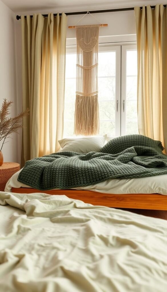 A serene, eco-friendly bedroom with soft, natural textiles. In the foreground, lush, organic cotton sheets in a soothing sage green hue. Complementing the sheets, a hand-woven jute area rug anchors the space. Flowing, billowy linen curtains in a pale olive tone frame the windows, casting a warm, ambient light. In the middle ground, a large, plush knit throw blanket in a deep forest green texture nestles on a natural wood bed frame. Hanging above, a macrame wall hanging with earthy tones adds a touch of boho-chic style. The overall atmosphere is one of tranquility and environmental consciousness. A serene, eco-friendly bedroom with soft, natural textiles. In the foreground, lush, organic cotton sheets in a soothing sage green hue. Complementing the sheets, a hand-woven jute area rug anchors the space. Flowing, billowy linen curtains in a pale olive tone frame the windows, casting a warm, ambient light. In the middle ground, a large, plush knit throw blanket in a deep forest green texture nestles on a natural wood bed frame. Hanging above, a macrame wall hanging with earthy tones adds a touch of boho-chic style. The overall atmosphere is one of tranquility and environmental consciousness.