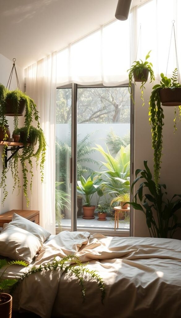 A serene, sun-dappled bedroom with lush, verdant plants cascading from hanging baskets and shelves. Soft, diffused light filters through sheer curtains, casting a natural glow. In the foreground, a comfortable and cozy bed with natural bedding is flanked by minimalist wooden nightstands. Potted ferns, succulents, and trailing vines adorn the space, creating a soothing, biophilic atmosphere. The middle ground features a large, floor-to-ceiling window overlooking a tranquil garden, blurring the boundaries between indoors and out. In the background, a neutral-toned accent wall complements the earthy, organic palette. The overall scene conveys a sense of harmony, balance, and rejuvenation. A serene, sun-dappled bedroom with lush, verdant plants cascading from hanging baskets and shelves. Soft, diffused light filters through sheer curtains, casting a natural glow. In the foreground, a comfortable and cozy bed with natural bedding is flanked by minimalist wooden nightstands. Potted ferns, succulents, and trailing vines adorn the space, creating a soothing, biophilic atmosphere. The middle ground features a large, floor-to-ceiling window overlooking a tranquil garden, blurring the boundaries between indoors and out. In the background, a neutral-toned accent wall complements the earthy, organic palette. The overall scene conveys a sense of harmony, balance, and rejuvenation.