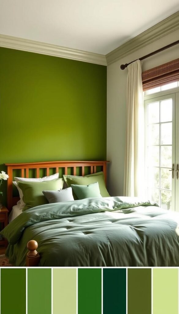 A serene, well-lit bedroom with a variety of green hues showcased on the walls, bedding, and accents. The focal point is a lush, verdant accent wall in the middle ground, contrasted by lighter sage tones on the surrounding walls. In the foreground, a wood-framed bed is adorned with a plush, forest-green comforter, while complementary pillows in varying shades of green add depth and texture. Soft, diffused lighting from a large window bathes the scene in a warm, natural glow, creating a sense of tranquility and harmony. The overall atmosphere evokes a calming, restorative oasis, inviting the viewer to imagine the perfect green palette for their own serene bedroom retreat. A serene, well-lit bedroom with a variety of green hues showcased on the walls, bedding, and accents. The focal point is a lush, verdant accent wall in the middle ground, contrasted by lighter sage tones on the surrounding walls. In the foreground, a wood-framed bed is adorned with a plush, forest-green comforter, while complementary pillows in varying shades of green add depth and texture. Soft, diffused lighting from a large window bathes the scene in a warm, natural glow, creating a sense of tranquility and harmony. The overall atmosphere evokes a calming, restorative oasis, inviting the viewer to imagine the perfect green palette for their own serene bedroom retreat.