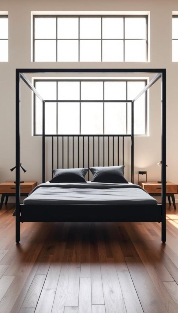 A sleek and modern black metal bed frame with warm wood accents stands in a well-lit, minimalist bedroom. The frame features clean lines and a low profile, complemented by a slatted headboard and tapered legs. Soft natural light filters through large windows, casting a serene, ambient glow. The wood nightstands and flooring add organic texture, balancing the industrial metal elements. The overall scene exudes a sophisticated, understated elegance that would elevate any bedroom decor. A sleek and modern black metal bed frame with warm wood accents stands in a well-lit, minimalist bedroom. The frame features clean lines and a low profile, complemented by a slatted headboard and tapered legs. Soft natural light filters through large windows, casting a serene, ambient glow. The wood nightstands and flooring add organic texture, balancing the industrial metal elements. The overall scene exudes a sophisticated, understated elegance that would elevate any bedroom decor.