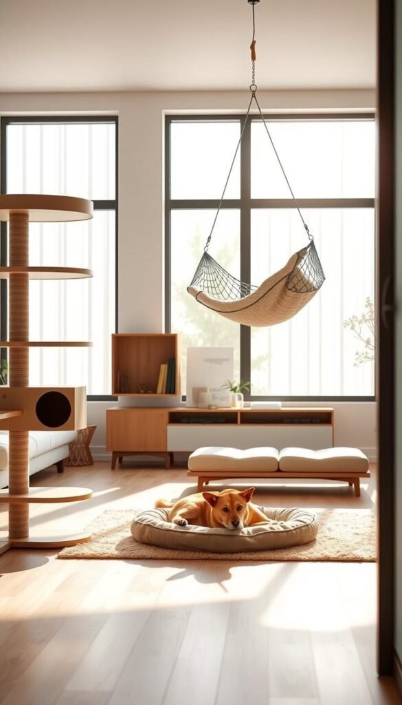 A sleek and modern pet furniture arrangement in a minimalist living room. In the foreground, a stylish cat tower with curved platforms and a cozy nook. In the middle ground, a low-profile dog bed in a neutral tone, nestled on a plush rug. Hanging overhead, a chic cat hammock suspended from the ceiling. The background features bright, natural lighting streaming through large windows, casting a warm glow on the modern, Scandinavian-inspired decor. The overall scene conveys a sense of comfort, elegance, and design-forward pet-friendly living. A sleek and modern pet furniture arrangement in a minimalist living room. In the foreground, a stylish cat tower with curved platforms and a cozy nook. In the middle ground, a low-profile dog bed in a neutral tone, nestled on a plush rug. Hanging overhead, a chic cat hammock suspended from the ceiling. The background features bright, natural lighting streaming through large windows, casting a warm glow on the modern, Scandinavian-inspired decor. The overall scene conveys a sense of comfort, elegance, and design-forward pet-friendly living.