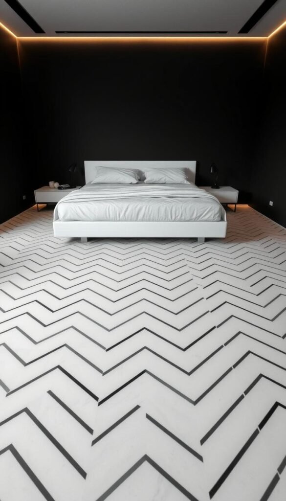 A sleek, minimalist bedroom with a striking monochrome flooring. The floor is a chic black and white herringbone pattern, the tiles arranged in a crisp, geometric design that creates a sense of elegant simplicity. Soft, indirect lighting casts a warm, muted glow, highlighting the smooth, matte finish of the tiles. The room is bathed in an aura of tranquility, the monochrome palette lending an air of timeless sophistication. The flooring is the centerpiece, anchoring the space and setting the tone for the rest of the decor. This is a space where minimalism and luxury converge, a harmonious blend of form and function. A sleek, minimalist bedroom with a striking monochrome flooring. The floor is a chic black and white herringbone pattern, the tiles arranged in a crisp, geometric design that creates a sense of elegant simplicity. Soft, indirect lighting casts a warm, muted glow, highlighting the smooth, matte finish of the tiles. The room is bathed in an aura of tranquility, the monochrome palette lending an air of timeless sophistication. The flooring is the centerpiece, anchoring the space and setting the tone for the rest of the decor. This is a space where minimalism and luxury converge, a harmonious blend of form and function.