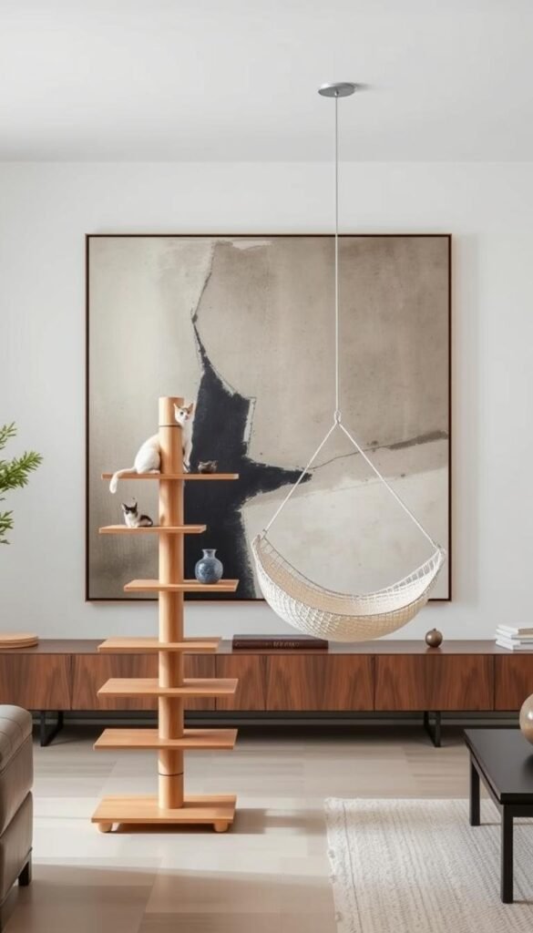 A sophisticated contemporary living room showcases modern cat furniture. In the foreground, a sleek and minimalist cat tower features a series of platforms and perches in natural wood tones, providing a cozy retreat for feline companions. In the middle ground, a stylish cat hammock sways gently, suspended from the ceiling by thin metal cables. The background is dominated by a large, abstract art piece in muted colors, creating a calming and refined atmosphere. The lighting is soft and diffused, accentuating the clean lines and organic textures of the pet furniture. Overall, the scene exudes a sense of elegant, designer-curated sophistication tailored for the modern cat owner. A sophisticated contemporary living room showcases modern cat furniture. In the foreground, a sleek and minimalist cat tower features a series of platforms and perches in natural wood tones, providing a cozy retreat for feline companions. In the middle ground, a stylish cat hammock sways gently, suspended from the ceiling by thin metal cables. The background is dominated by a large, abstract art piece in muted colors, creating a calming and refined atmosphere. The lighting is soft and diffused, accentuating the clean lines and organic textures of the pet furniture. Overall, the scene exudes a sense of elegant, designer-curated sophistication tailored for the modern cat owner.