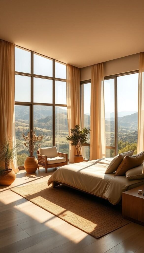 A spacious Californian-style bedroom with an airy, sun-drenched ambiance. Panoramic windows frame a picturesque landscape of rolling hills and lush greenery, allowing natural light to flood the room. Minimalist, organic furniture in earthy tones complements the serene setting, creating a calming, harmonious atmosphere. Soft, billowing curtains sway gently in the breeze, adding to the room's effortless, relaxed vibe. Warm, diffused lighting emanates from strategically placed fixtures, casting a golden glow that accentuates the room's natural textures and materials. An overall sense of tranquility and rejuvenation pervades the space, inviting the viewer to bask in the quintessential Californian style. A spacious Californian-style bedroom with an airy, sun-drenched ambiance. Panoramic windows frame a picturesque landscape of rolling hills and lush greenery, allowing natural light to flood the room. Minimalist, organic furniture in earthy tones complements the serene setting, creating a calming, harmonious atmosphere. Soft, billowing curtains sway gently in the breeze, adding to the room's effortless, relaxed vibe. Warm, diffused lighting emanates from strategically placed fixtures, casting a golden glow that accentuates the room's natural textures and materials. An overall sense of tranquility and rejuvenation pervades the space, inviting the viewer to bask in the quintessential Californian style.