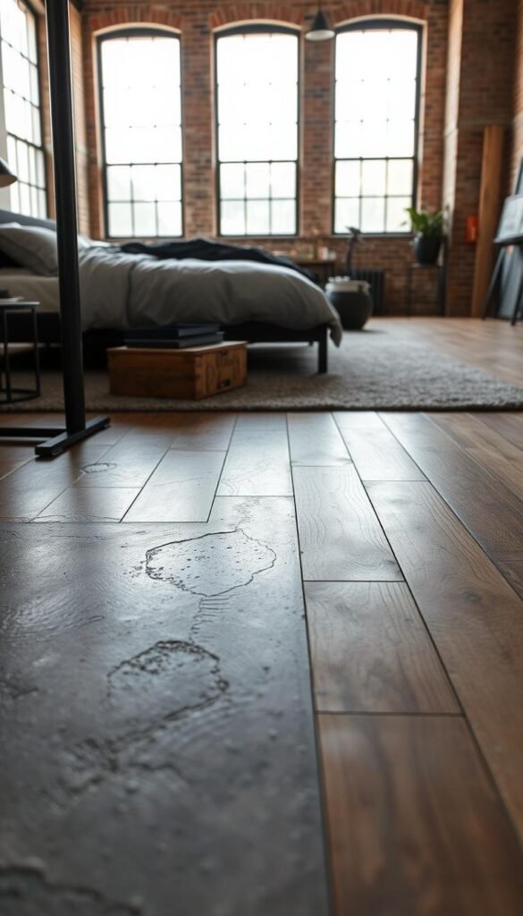 A spacious industrial-style bedroom with various flooring options showcased. The foreground features a close-up view of textured concrete flooring, its rugged surface complemented by metal accents. In the middle ground, wooden floorboards in a warm, rustic tone create a cozy contrast. The background reveals exposed brick walls and large windows, allowing natural light to flood the space and accentuate the industrial ambiance. The overall mood is one of understated elegance, blending raw materials with refined touches to achieve a harmonious and visually striking industrial aesthetic. A spacious industrial-style bedroom with various flooring options showcased. The foreground features a close-up view of textured concrete flooring, its rugged surface complemented by metal accents. In the middle ground, wooden floorboards in a warm, rustic tone create a cozy contrast. The background reveals exposed brick walls and large windows, allowing natural light to flood the space and accentuate the industrial ambiance. The overall mood is one of understated elegance, blending raw materials with refined touches to achieve a harmonious and visually striking industrial aesthetic.