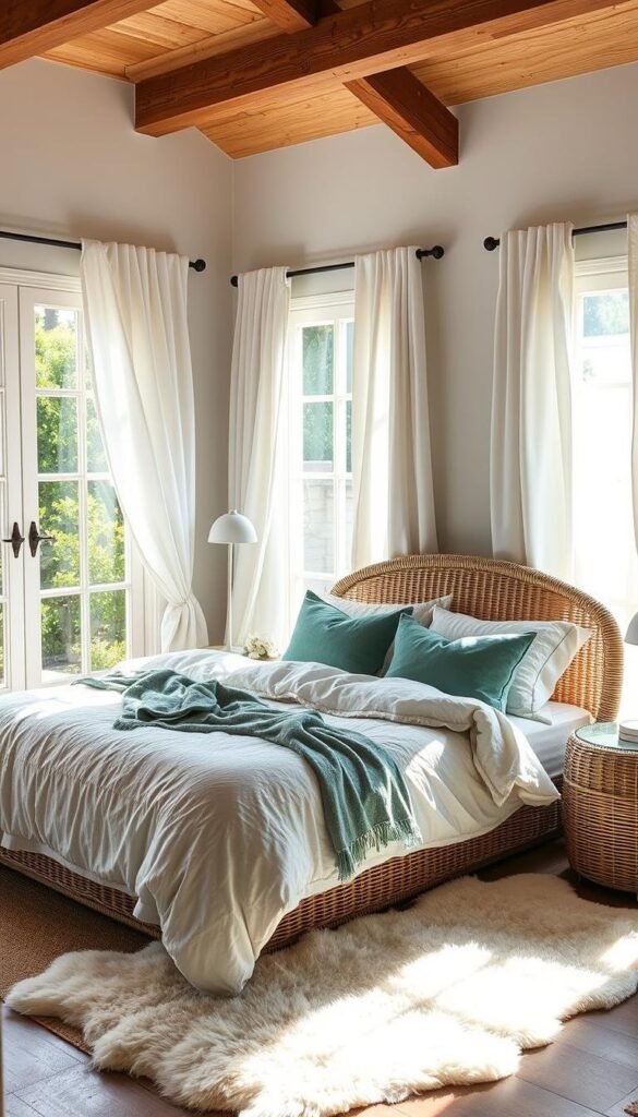 A sun-drenched California bedroom, awash in soothing beachy tones. Soft, billowing white curtains frame windows overlooking a lush garden. Plush, textured off-white bedding invites relaxation, accented by artfully rumpled linen throws and pillows in shades of blue and green. A woven rattan headboard and sidetables add natural warmth, while a cozy sheepskin rug underfoot completes the calming, coastal-inspired aesthetic. Gentle, diffused lighting casts a serene glow, capturing the essence of a tranquil Californian oasis.