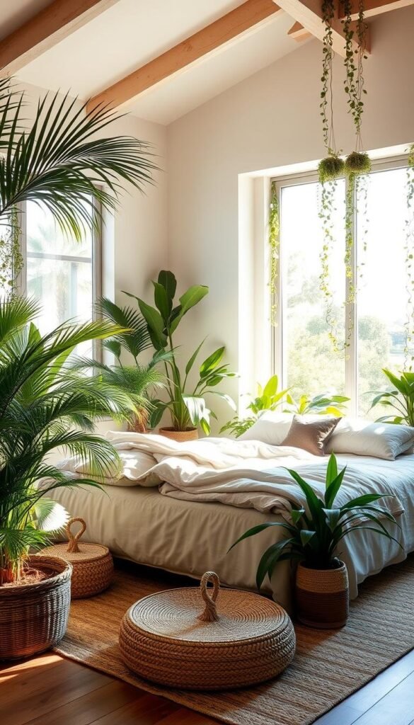 A sun-drenched California bedroom brimming with lush, verdant indoor plants. Shafts of natural light pour through large windows, casting a warm, soothing glow over the minimalist, modern decor. A plush, neutral-toned bed takes center stage, surrounded by potted palm fronds and trailing vines that bring the outdoors in. Subtle textures like woven baskets and natural wood accents complement the airy, calming atmosphere. Soft, ambient lighting emanates from discreet sources, creating a tranquil, rejuvenating sanctuary. The overall effect is one of serene harmony, where the boundaries between interior and exterior seamlessly blend. A sun-drenched California bedroom brimming with lush, verdant indoor plants. Shafts of natural light pour through large windows, casting a warm, soothing glow over the minimalist, modern decor. A plush, neutral-toned bed takes center stage, surrounded by potted palm fronds and trailing vines that bring the outdoors in. Subtle textures like woven baskets and natural wood accents complement the airy, calming atmosphere. Soft, ambient lighting emanates from discreet sources, creating a tranquil, rejuvenating sanctuary. The overall effect is one of serene harmony, where the boundaries between interior and exterior seamlessly blend.