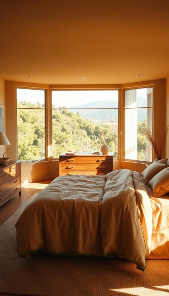 A sun-drenched Californian bedroom bathed in earthy tones. The foreground features a cozy king-size bed dressed in warm, natural linens and plush bedding. Midground showcases a mid-century modern dresser and nightstands with subtle wood grain and brass accents. The background depicts large windows overlooking a lush, verdant landscape, allowing natural light to flood the space. Soft, diffused lighting creates a tranquil, relaxing ambiance. The overall color palette is a harmonious blend of ochre, terracotta, and olive hues, evoking a serene, grounded atmosphere. This inviting oasis promotes a sense of calm and comfort, perfectly capturing the essence of Californian style. A sun-drenched Californian bedroom bathed in earthy tones. The foreground features a cozy king-size bed dressed in warm, natural linens and plush bedding. Midground showcases a mid-century modern dresser and nightstands with subtle wood grain and brass accents. The background depicts large windows overlooking a lush, verdant landscape, allowing natural light to flood the space. Soft, diffused lighting creates a tranquil, relaxing ambiance. The overall color palette is a harmonious blend of ochre, terracotta, and olive hues, evoking a serene, grounded atmosphere. This inviting oasis promotes a sense of calm and comfort, perfectly capturing the essence of Californian style.