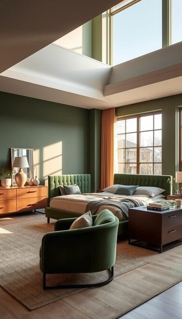 A tastefully curated modern green bedroom featuring a luxurious king-size bed with a plush velvet headboard, complemented by a stylish dresser and nightstands in a rich, earthy tone. The room is bathed in warm, natural light filtering through large, energy-efficient windows, casting a serene glow over the well-appointed space. Accent pieces, such as a cozy armchair and a sleek, minimalist desk, seamlessly blend function and aesthetics, creating a harmonious and inviting atmosphere. The overall design effortlessly balances the soothing tones of the green furniture with subtle touches of organic materials, like wood and natural fibers, for a calming and rejuvenating ambiance. A tastefully curated modern green bedroom featuring a luxurious king-size bed with a plush velvet headboard, complemented by a stylish dresser and nightstands in a rich, earthy tone. The room is bathed in warm, natural light filtering through large, energy-efficient windows, casting a serene glow over the well-appointed space. Accent pieces, such as a cozy armchair and a sleek, minimalist desk, seamlessly blend function and aesthetics, creating a harmonious and inviting atmosphere. The overall design effortlessly balances the soothing tones of the green furniture with subtle touches of organic materials, like wood and natural fibers, for a calming and rejuvenating ambiance.