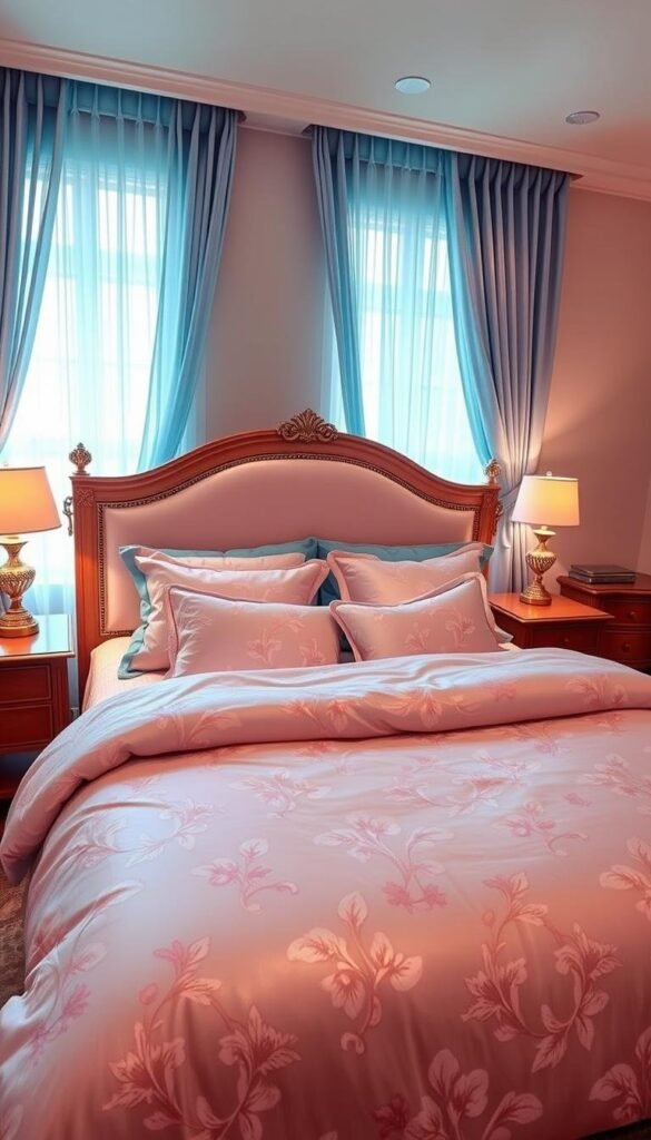 A well-appointed bedroom with a plush king-size bed adorned in shimmering pink and blue linens. The luxurious comforter features a delicate floral pattern, complemented by matching throw pillows and a fluffy duvet. Sheer curtains in a soft blue hue gracefully frame the windows, allowing natural light to filter in and create a serene ambiance. Sleek wood furniture, including a dresser and nightstands, provide storage and visual balance. Warm, directional lighting casts a gentle glow, accentuating the harmonious color palette and creating an inviting, cohesive atmosphere. A well-appointed bedroom with a plush king-size bed adorned in shimmering pink and blue linens. The luxurious comforter features a delicate floral pattern, complemented by matching throw pillows and a fluffy duvet. Sheer curtains in a soft blue hue gracefully frame the windows, allowing natural light to filter in and create a serene ambiance. Sleek wood furniture, including a dresser and nightstands, provide storage and visual balance. Warm, directional lighting casts a gentle glow, accentuating the harmonious color palette and creating an inviting, cohesive atmosphere.