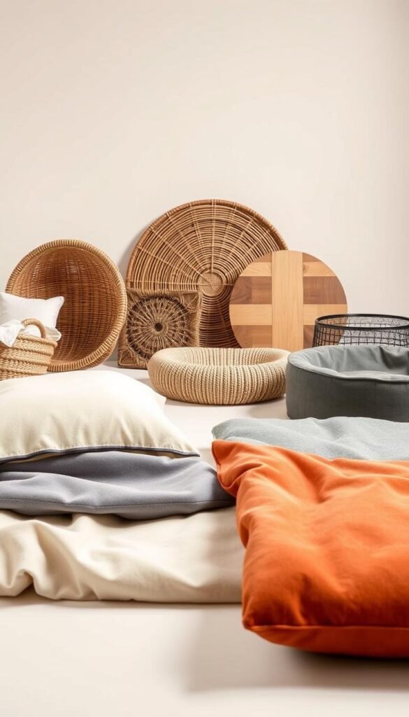 A well-lit studio setting showcasing an array of pet furniture materials. In the foreground, a selection of fabrics, including plush velvet, durable canvas, and soft microfiber, arranged neatly. In the middle ground, various textures like woven rattan, smooth wood, and sleek metal are displayed. The background features a neutral-toned backdrop, allowing the materials to take center stage. The lighting is soft and diffused, highlighting the unique qualities and visual appeal of each material. The overall composition conveys a sense of thoughtful curation, inviting the viewer to closely examine the different pet furniture options. A well-lit studio setting showcasing an array of pet furniture materials. In the foreground, a selection of fabrics, including plush velvet, durable canvas, and soft microfiber, arranged neatly. In the middle ground, various textures like woven rattan, smooth wood, and sleek metal are displayed. The background features a neutral-toned backdrop, allowing the materials to take center stage. The lighting is soft and diffused, highlighting the unique qualities and visual appeal of each material. The overall composition conveys a sense of thoughtful curation, inviting the viewer to closely examine the different pet furniture options.