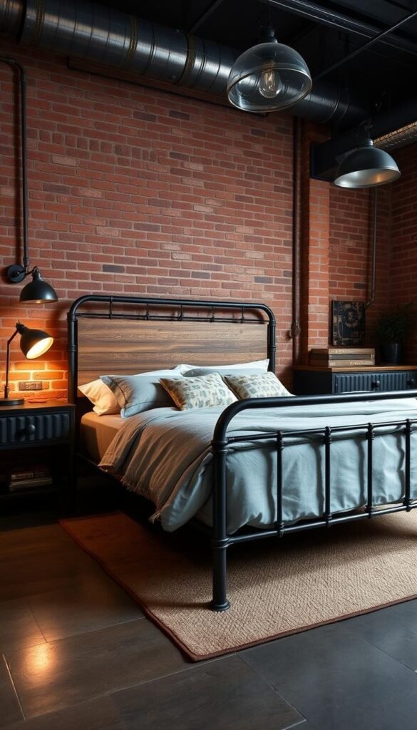 An industrial-style bedroom set featuring a metal-framed bed with a distressed wood headboard, complemented by a matching nightstand and dresser. The room has exposed brick walls, industrial-style lighting fixtures, and a mix of metal and wood furnishings, creating a unique and rustic atmosphere. The lighting is a mix of warm, soft overhead illumination and task lighting from metallic sconces, highlighting the textural elements of the space. The overall mood is one of rugged sophistication, with a focus on the juxtaposition of industrial and natural materials. An industrial-style bedroom set featuring a metal-framed bed with a distressed wood headboard, complemented by a matching nightstand and dresser. The room has exposed brick walls, industrial-style lighting fixtures, and a mix of metal and wood furnishings, creating a unique and rustic atmosphere. The lighting is a mix of warm, soft overhead illumination and task lighting from metallic sconces, highlighting the textural elements of the space. The overall mood is one of rugged sophistication, with a focus on the juxtaposition of industrial and natural materials.