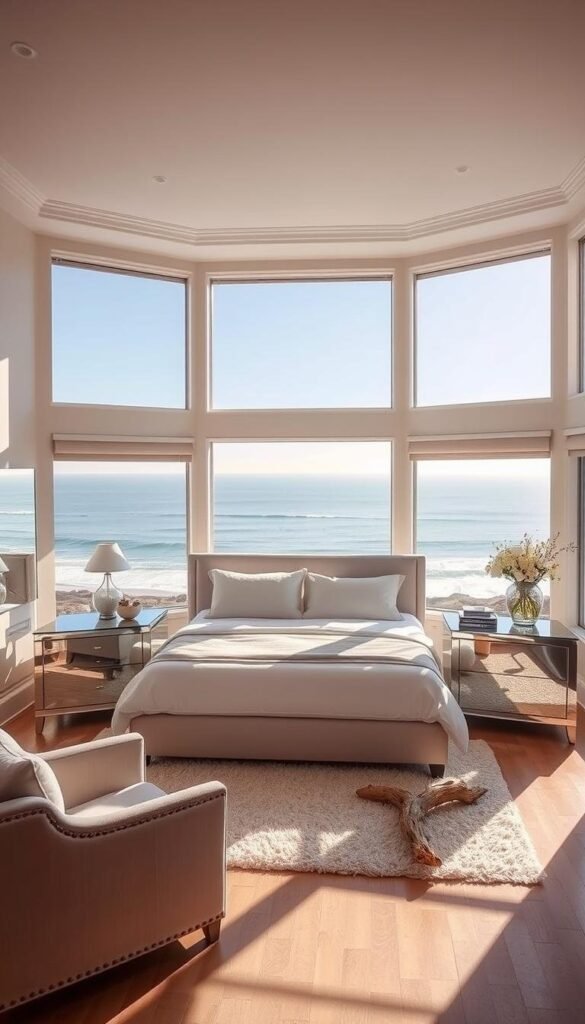 Coastal California bedroom with large panoramic windows overlooking the Pacific Ocean. Sunlight streams in, casting a warm natural glow across the serene space. A king-sized bed with crisp white linens is the centerpiece, flanked by matching mirrored nightstands that reflect the captivating ocean view. Soft textures like a plush rug and cozy armchair create a tranquil ambiance. Decorative elements like driftwood accents and a vase of fresh flowers complement the breezy, beachy aesthetic. The neutral color palette and clean lines evoke a sense of calm and relaxation, perfect for an oasis of natural light. Coastal California bedroom with large panoramic windows overlooking the Pacific Ocean. Sunlight streams in, casting a warm natural glow across the serene space. A king-sized bed with crisp white linens is the centerpiece, flanked by matching mirrored nightstands that reflect the captivating ocean view. Soft textures like a plush rug and cozy armchair create a tranquil ambiance. Decorative elements like driftwood accents and a vase of fresh flowers complement the breezy, beachy aesthetic. The neutral color palette and clean lines evoke a sense of calm and relaxation, perfect for an oasis of natural light.