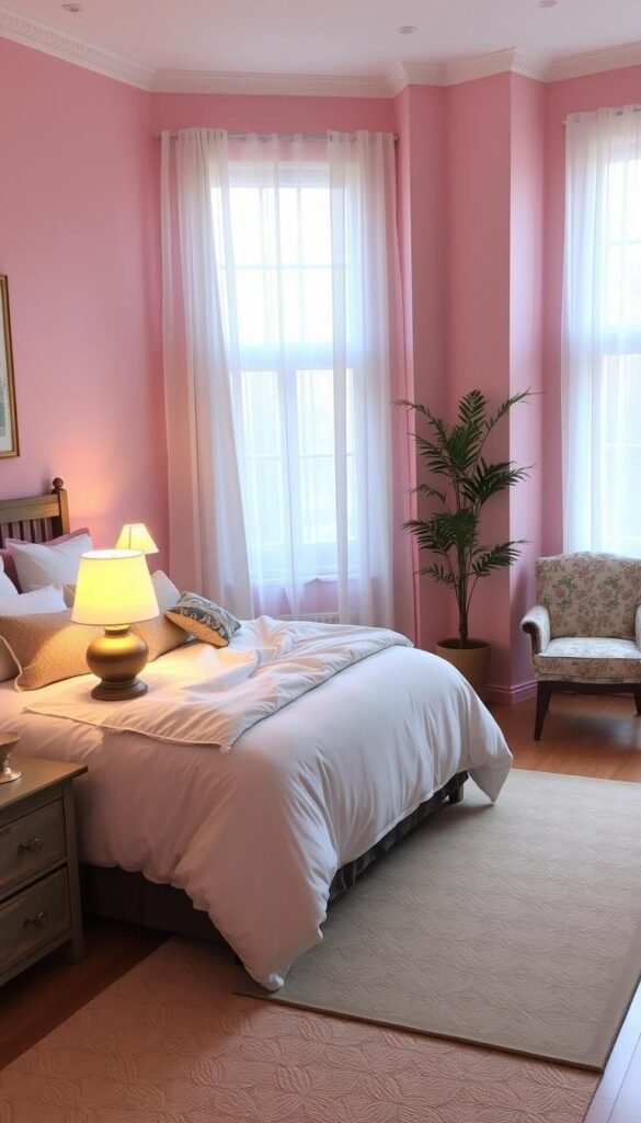 Cozy pink and blue bedroom with a plush king-size bed, fluffy duvet, and an assortment of decorative pillows. Sheer white curtains frame large windows, letting in soft, natural lighting. A rustic wooden nightstand holds a glowing table lamp, casting a warm glow. On the opposite wall, a delicate floral-patterned armchair sits next to a tall indoor plant. Subtle geometric-patterned area rug ties the room together. The overall atmosphere is serene, calming, and inviting. Cozy pink and blue bedroom with a plush king-size bed, fluffy duvet, and an assortment of decorative pillows. Sheer white curtains frame large windows, letting in soft, natural lighting. A rustic wooden nightstand holds a glowing table lamp, casting a warm glow. On the opposite wall, a delicate floral-patterned armchair sits next to a tall indoor plant. Subtle geometric-patterned area rug ties the room together. The overall atmosphere is serene, calming, and inviting.