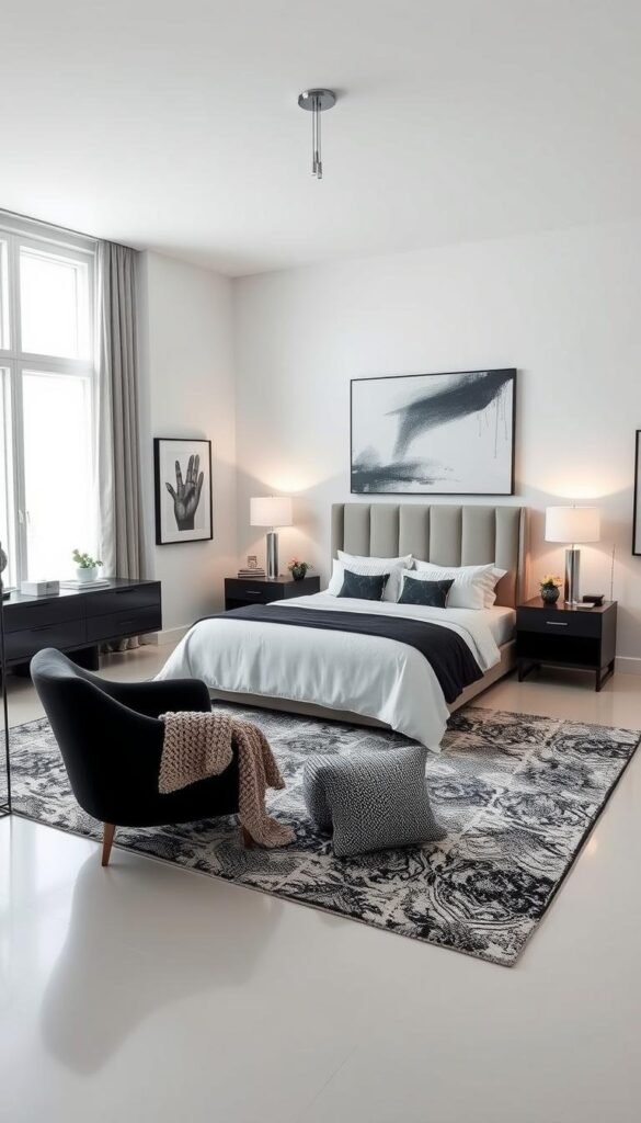 Elegant and serene contemporary bedroom design with a sophisticated black and white color palette. A spacious, well-lit room with large windows, allowing natural light to flood the space. A plush king-sized bed with crisp white bedding and subtle black accents, complemented by sleek modern nightstands. A cozy seating area near the window, featuring a comfortable black armchair and a minimalist black-and-white area rug. The walls are adorned with abstract black-and-white artwork, creating a gallery-like atmosphere. Subtle textures, such as a chunky knit throw and a textured wallpaper, add depth and visual interest. Indirect lighting from floor lamps and a sophisticated ceiling fixture cast a warm, inviting glow throughout the room. Elegant and serene contemporary bedroom design with a sophisticated black and white color palette. A spacious, well-lit room with large windows, allowing natural light to flood the space. A plush king-sized bed with crisp white bedding and subtle black accents, complemented by sleek modern nightstands. A cozy seating area near the window, featuring a comfortable black armchair and a minimalist black-and-white area rug. The walls are adorned with abstract black-and-white artwork, creating a gallery-like atmosphere. Subtle textures, such as a chunky knit throw and a textured wallpaper, add depth and visual interest. Indirect lighting from floor lamps and a sophisticated ceiling fixture cast a warm, inviting glow throughout the room.