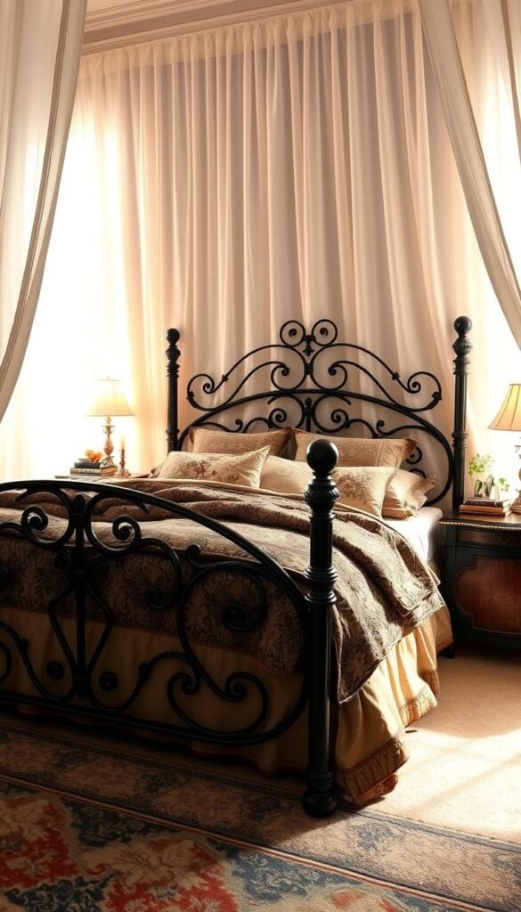 Elegant black metal bed frame with intricate scrollwork, adorned with layers of plush textiles and patterns. Sheer curtains frame the scene, diffusing warm ambient lighting that casts soft shadows across the bed. Vintage-inspired nightstands with richly textured surfaces flank the bed, adorned with candles, books, and a touch of greenery. The overall atmosphere is one of cozy sophistication, inviting the viewer to imagine sinking into the inviting bedscape. Elegant black metal bed frame with intricate scrollwork, adorned with layers of plush textiles and patterns. Sheer curtains frame the scene, diffusing warm ambient lighting that casts soft shadows across the bed. Vintage-inspired nightstands with richly textured surfaces flank the bed, adorned with candles, books, and a touch of greenery. The overall atmosphere is one of cozy sophistication, inviting the viewer to imagine sinking into the inviting bedscape.