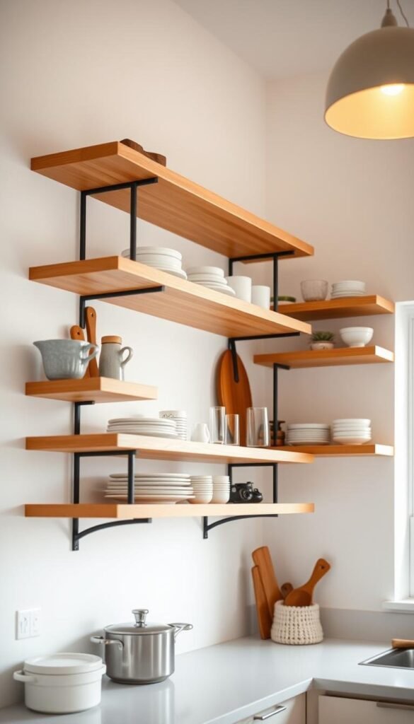 Open shelving design in a modern kitchen Open shelving design in a modern kitchen