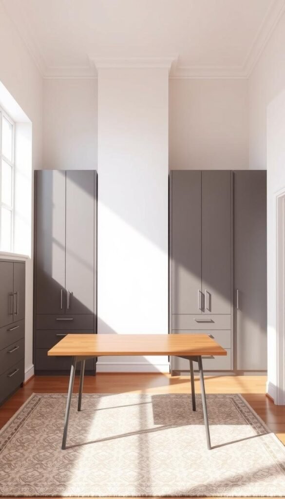 Organized home workspace with minimalist cabinets Organized home workspace with minimalist cabinets