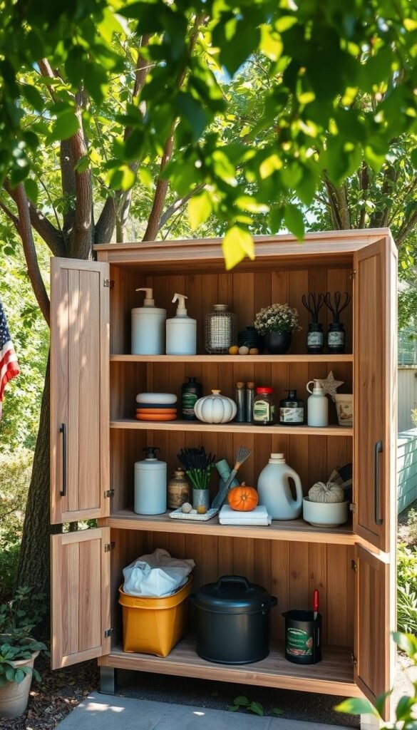 Organized outdoor storage cabinet with shelves Organized outdoor storage cabinet with shelves