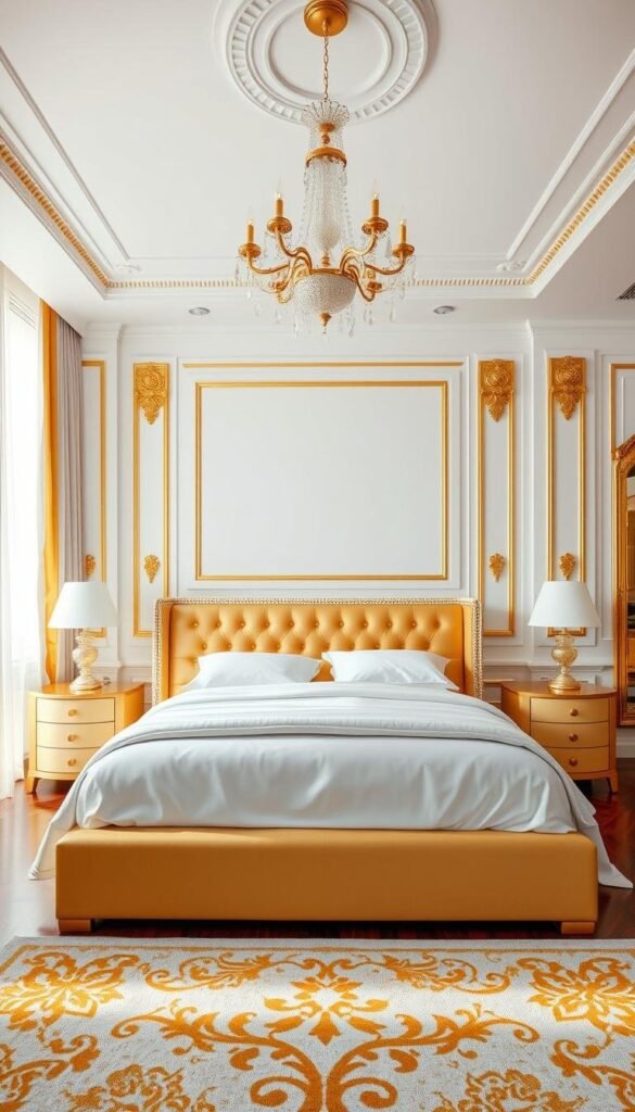 Prompt A luxurious white and gold bedroom with a modern, elegant aesthetic. The foreground features a plush king-size bed with crisp white linens, accented by golden tufted headboard and matching side tables. Sheer white curtains frame the large windows, allowing warm natural light to flood the space. In the middle ground, a sparkling crystal chandelier casts a soft, ambient glow. The background showcases pristine white walls adorned with intricate golden wall moldings, creating a sense of opulence. Polished hardwood floors are complemented by a sumptuous gold and ivory area rug. The overall atmosphere is one of timeless sophistication and refined beauty.