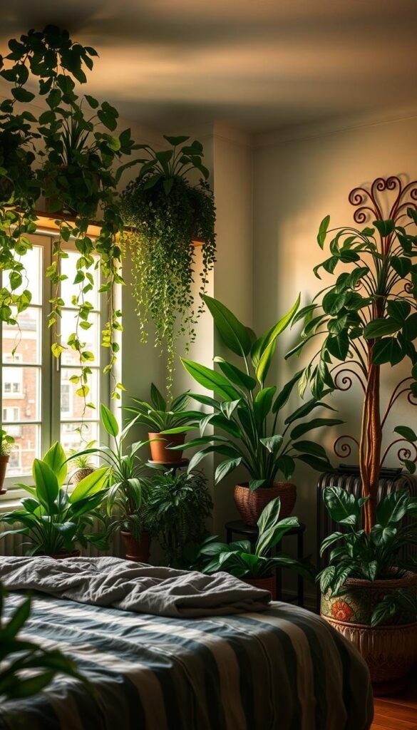 a lush, verdant bedroom with an abundance of thriving green plants, including leafy potted plants, trailing vines cascading from shelves, and a large, ornate floor plant in the corner, creating a serene, nature-inspired atmosphere; the room is bathed in soft, warm lighting from a large window, casting a gentle glow on the plants and accentuating their vibrant foliage; the overall composition is balanced and harmonious, with the plants integrated seamlessly into the bedroom's decor, evoking a sense of tranquility and rejuvenation a lush, verdant bedroom with an abundance of thriving green plants, including leafy potted plants, trailing vines cascading from shelves, and a large, ornate floor plant in the corner, creating a serene, nature-inspired atmosphere; the room is bathed in soft, warm lighting from a large window, casting a gentle glow on the plants and accentuating their vibrant foliage; the overall composition is balanced and harmonious, with the plants integrated seamlessly into the bedroom's decor, evoking a sense of tranquility and rejuvenation