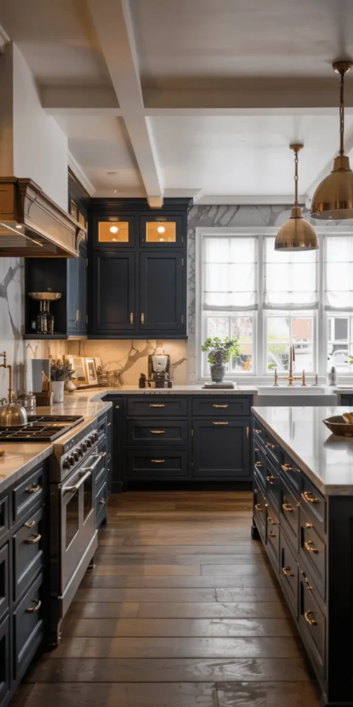 blue kitchen cabinets with gold accents