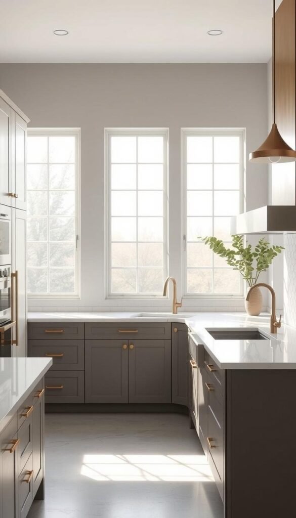 grey kitchen cabinets with white countertops