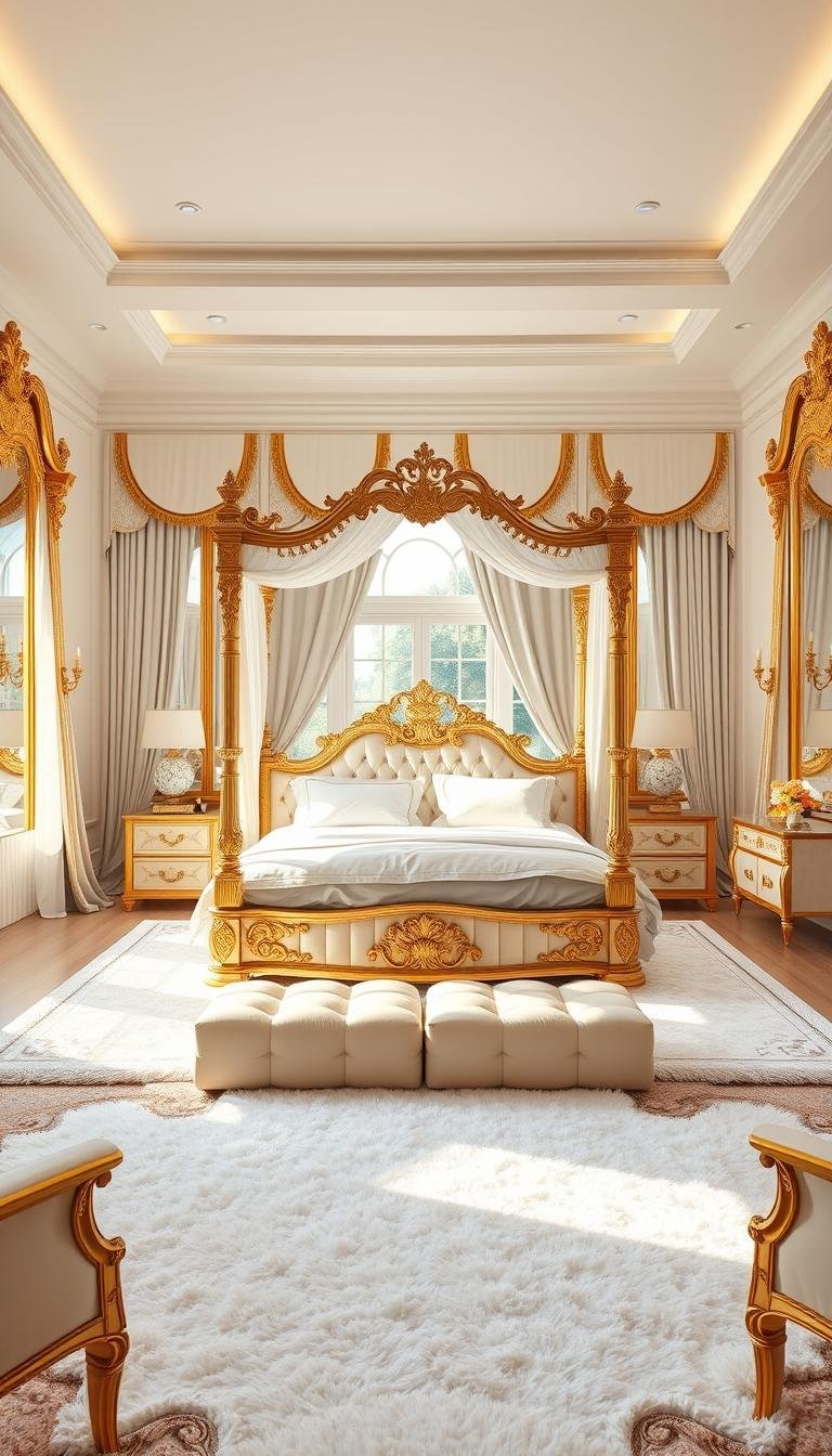 white and gold bedroom