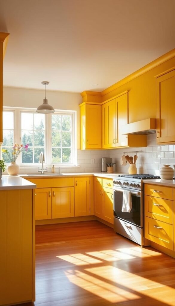 yellow kitchen cabinets in a sunlit kitchen yellow kitchen cabinets in a sunlit kitchen