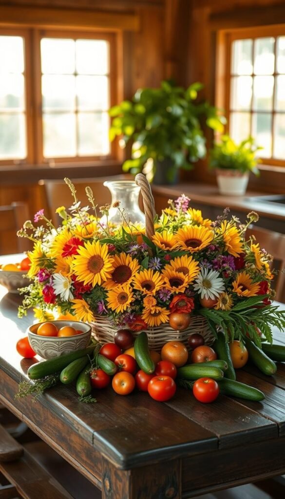 A bountiful summer kitchen centerpiece adorns a rustic wooden table, bathed in warm natural light streaming through large windows. In the foreground, a vibrant floral arrangement overflows with cheerful blooms - sunflowers, daisies, and wildflowers in a charming hand-woven basket. Surrounding the flowers, an array of seasonal produce spills out - juicy tomatoes, crisp cucumbers, and fragrant herbs. In the middle ground, a pair of artisanal ceramic bowls hold fresh fruits and a gleaming glass pitcher, while in the background, a lush green potted plant adds a touch of lush greenery. The overall scene evokes a breezy, inviting atmosphere, perfect for a casual summer gathering. A bountiful summer kitchen centerpiece adorns a rustic wooden table, bathed in warm natural light streaming through large windows. In the foreground, a vibrant floral arrangement overflows with cheerful blooms - sunflowers, daisies, and wildflowers in a charming hand-woven basket. Surrounding the flowers, an array of seasonal produce spills out - juicy tomatoes, crisp cucumbers, and fragrant herbs. In the middle ground, a pair of artisanal ceramic bowls hold fresh fruits and a gleaming glass pitcher, while in the background, a lush green potted plant adds a touch of lush greenery. The overall scene evokes a breezy, inviting atmosphere, perfect for a casual summer gathering.