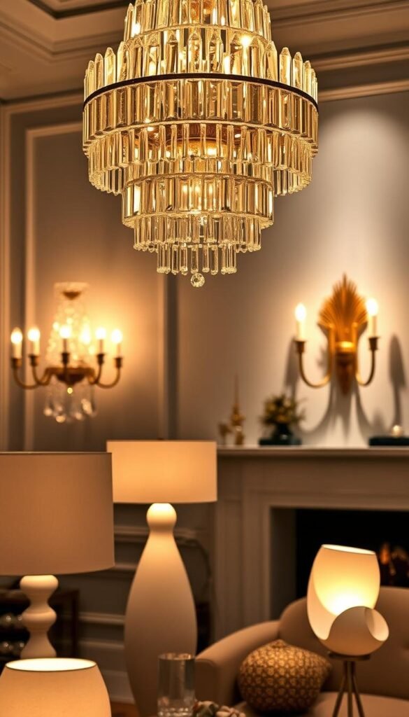 A breathtaking display of statement lighting fixtures illuminating a cozy winter scene. In the foreground, a cascading chandelier of faceted crystal prisms refracts warm, golden light across the room. In the middle ground, sculptural floor lamps with smooth, organic forms cast a soft, ambient glow. In the background, a grand, architectural wall sconce projects dramatic shadows, adding depth and drama. The overall atmosphere is one of elegant sophistication, perfectly suited to elevate the style and ambiance of any winter abode. A breathtaking display of statement lighting fixtures illuminating a cozy winter scene. In the foreground, a cascading chandelier of faceted crystal prisms refracts warm, golden light across the room. In the middle ground, sculptural floor lamps with smooth, organic forms cast a soft, ambient glow. In the background, a grand, architectural wall sconce projects dramatic shadows, adding depth and drama. The overall atmosphere is one of elegant sophistication, perfectly suited to elevate the style and ambiance of any winter abode.