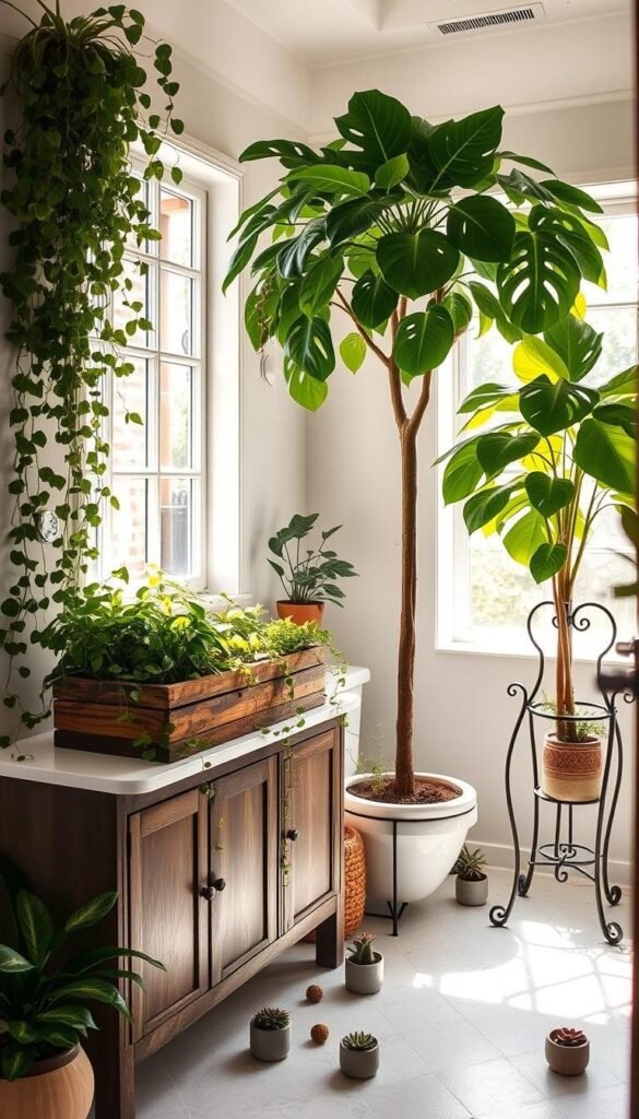 A bright, airy bathroom adorned with lush, verdant plants. On the vanity, a rustic wooden planter overflows with vibrant foliage, trailing vines cascading down the sides. Softly lit by natural sunlight flooding through a large window, the space exudes a soothing, tranquil ambiance. A potted fiddle-leaf fig in the corner stands tall, its broad leaves casting dappled shadows. Scattered around the room, small succulents in modern ceramic pots add pops of green. An ornate, wrought-iron plant stand showcases a towering monstera, its distinctive leaves filtering the light. The scene is a harmonious blend of natural elements, creating a serene, rejuvenating sanctuary. A bright, airy bathroom adorned with lush, verdant plants. On the vanity, a rustic wooden planter overflows with vibrant foliage, trailing vines cascading down the sides. Softly lit by natural sunlight flooding through a large window, the space exudes a soothing, tranquil ambiance. A potted fiddle-leaf fig in the corner stands tall, its broad leaves casting dappled shadows. Scattered around the room, small succulents in modern ceramic pots add pops of green. An ornate, wrought-iron plant stand showcases a towering monstera, its distinctive leaves filtering the light. The scene is a harmonious blend of natural elements, creating a serene, rejuvenating sanctuary.