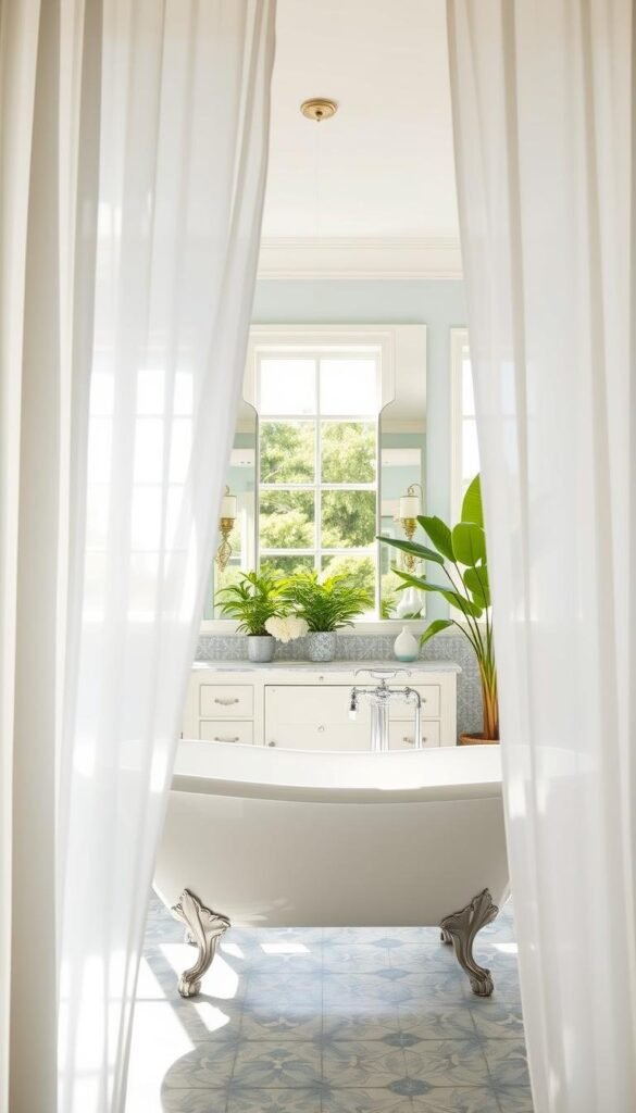 A bright, airy bathroom with a fresh, summer-inspired color palette. In the foreground, a clawfoot tub with sheer white curtains framing it, casting a soft, dappled light. The middle ground features a vanity with a large mirror surrounded by sconces, accented with lush green plants. The background showcases patterned tiles in shades of blue and white, evoking the calming hues of the ocean. Sunlight streams in through large windows, creating a warm, inviting atmosphere. The scene exudes a sense of tranquility and relaxation, perfect for a summer retreat. A bright, airy bathroom with a fresh, summer-inspired color palette. In the foreground, a clawfoot tub with sheer white curtains framing it, casting a soft, dappled light. The middle ground features a vanity with a large mirror surrounded by sconces, accented with lush green plants. The background showcases patterned tiles in shades of blue and white, evoking the calming hues of the ocean. Sunlight streams in through large windows, creating a warm, inviting atmosphere. The scene exudes a sense of tranquility and relaxation, perfect for a summer retreat.