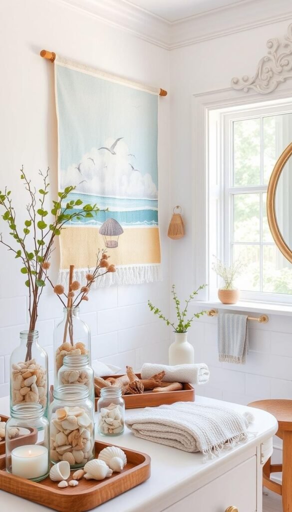 A bright, airy bathroom with summer-inspired accessories. Crisp white tiles and a large window flood the space with natural light. In the foreground, assorted glass jars and vases filled with colorful seashells, driftwood, and fresh greenery adorn the vanity. A whimsical wall hanging featuring a beach scene with seagulls and billowing clouds takes center stage, casting a calming, seaside atmosphere. Textured towels in soft, muted tones complement the decor. Wooden accents, such as a tray and a small stool, add warmth and a touch of rustic charm. An ornate mirror with an intricate frame reflects the tranquil scene, completing the light and breezy feel. A bright, airy bathroom with summer-inspired accessories. Crisp white tiles and a large window flood the space with natural light. In the foreground, assorted glass jars and vases filled with colorful seashells, driftwood, and fresh greenery adorn the vanity. A whimsical wall hanging featuring a beach scene with seagulls and billowing clouds takes center stage, casting a calming, seaside atmosphere. Textured towels in soft, muted tones complement the decor. Wooden accents, such as a tray and a small stool, add warmth and a touch of rustic charm. An ornate mirror with an intricate frame reflects the tranquil scene, completing the light and breezy feel.