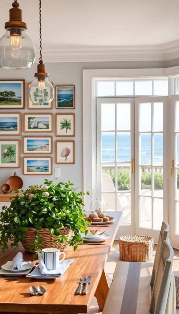 A bright, airy coastal summer kitchen with a serene, sun-drenched ambiance. In the foreground, a wall gallery of framed coastal artwork, including ocean scenes, seashells, and tropical botanicals. Hanging pendant lights cast a warm, natural glow over the space. The middle ground features a farmhouse-style wooden table adorned with lush greenery, seascape-inspired tableware, and a woven basket overflowing with fresh summer produce. In the background, large windows overlooking a picturesque beachfront landscape, allowing natural light to flood the room. The overall mood is one of relaxation, celebration of the season, and a harmonious blend of rustic and seaside elements. A bright, airy coastal summer kitchen with a serene, sun-drenched ambiance. In the foreground, a wall gallery of framed coastal artwork, including ocean scenes, seashells, and tropical botanicals. Hanging pendant lights cast a warm, natural glow over the space. The middle ground features a farmhouse-style wooden table adorned with lush greenery, seascape-inspired tableware, and a woven basket overflowing with fresh summer produce. In the background, large windows overlooking a picturesque beachfront landscape, allowing natural light to flood the room. The overall mood is one of relaxation, celebration of the season, and a harmonious blend of rustic and seaside elements.