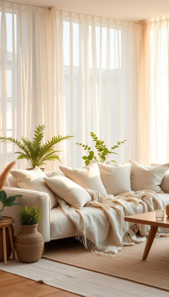 A bright, airy living room filled with flowing, lightweight fabrics in soft, summer-inspired hues. Sheer curtains of delicate voile billow gently in the breeze, filtering golden sunlight. A plush, linen-upholstered sofa is adorned with a collection of pillows in breezy cotton and linen blends. Wispy, gossamer-like throws in natural fibers add cozy texture. Potted plants and natural wood accents create a serene, nature-infused atmosphere. Warm, diffused lighting casts a tranquil glow, enhancing the sense of relaxation. A minimalist, Scandinavian-inspired aesthetic pervades the space, promoting an overall feeling of effortless comfort and tranquility. A bright, airy living room filled with flowing, lightweight fabrics in soft, summer-inspired hues. Sheer curtains of delicate voile billow gently in the breeze, filtering golden sunlight. A plush, linen-upholstered sofa is adorned with a collection of pillows in breezy cotton and linen blends. Wispy, gossamer-like throws in natural fibers add cozy texture. Potted plants and natural wood accents create a serene, nature-infused atmosphere. Warm, diffused lighting casts a tranquil glow, enhancing the sense of relaxation. A minimalist, Scandinavian-inspired aesthetic pervades the space, promoting an overall feeling of effortless comfort and tranquility.
