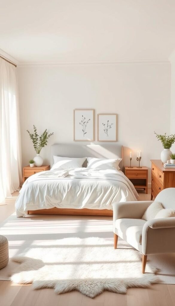 A bright and airy bedroom with soft, natural light streaming through sheer curtains. A large, plush bed is covered in crisp white linens and fluffy pillows. Delicate, botanical-inspired artwork adorns the walls, complemented by a minimalist wooden dresser and nightstands. Potted plants and candles add a touch of warmth, while the overall palette features soothing hues of cream, pale blue, and soft gray. A cozy reading nook with a plush armchair and a faux-fur throw rug completes the serene, relaxing atmosphere. The room exudes a sense of calm and tranquility, inviting the viewer to unwind and experience sweet dreams. A bright and airy bedroom with soft, natural light streaming through sheer curtains. A large, plush bed is covered in crisp white linens and fluffy pillows. Delicate, botanical-inspired artwork adorns the walls, complemented by a minimalist wooden dresser and nightstands. Potted plants and candles add a touch of warmth, while the overall palette features soothing hues of cream, pale blue, and soft gray. A cozy reading nook with a plush armchair and a faux-fur throw rug completes the serene, relaxing atmosphere. The room exudes a sense of calm and tranquility, inviting the viewer to unwind and experience sweet dreams.