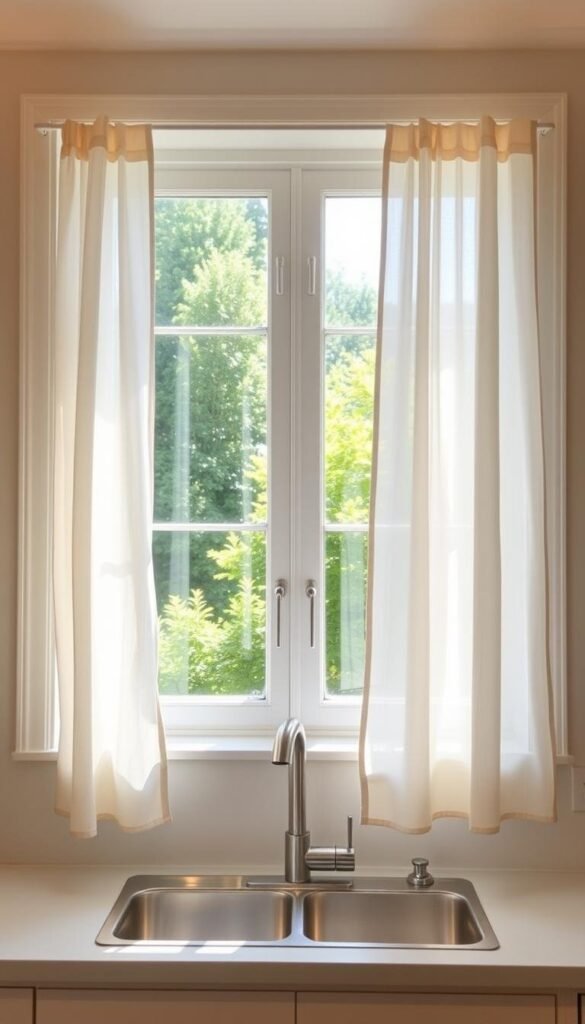 A bright and airy kitchen window, adorned with sheer, flowing curtains that dance gently in the summer breeze. The curtains, made of delicate linen or cotton, cascade softly, allowing ample natural light to flood the space. The window frame is painted a soft, inviting white, complementing the clean, minimalist aesthetic. Outside, a lush, verdant garden scene is visible, adding to the serene, calming atmosphere. The lighting is warm and diffused, creating a warm, welcoming glow throughout the room. The overall mood is one of tranquility and refreshment, perfectly capturing the essence of a light and airy summer kitchen. A bright and airy kitchen window, adorned with sheer, flowing curtains that dance gently in the summer breeze. The curtains, made of delicate linen or cotton, cascade softly, allowing ample natural light to flood the space. The window frame is painted a soft, inviting white, complementing the clean, minimalist aesthetic. Outside, a lush, verdant garden scene is visible, adding to the serene, calming atmosphere. The lighting is warm and diffused, creating a warm, welcoming glow throughout the room. The overall mood is one of tranquility and refreshment, perfectly capturing the essence of a light and airy summer kitchen.