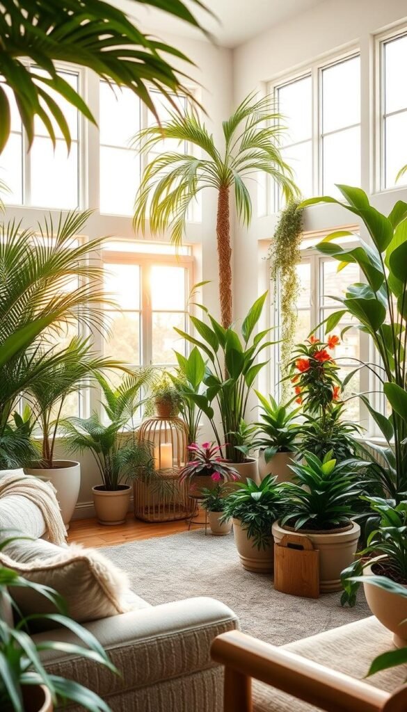 A bright and airy summer home interior with an abundance of lush, verdant indoor plants. The scene features a stylish living room with large windows that allow natural light to pour in, casting a warm, golden glow. Potted plants of various sizes and species, including towering palms, trailing vines, and vibrant blooms, are arranged artfully throughout the space, creating a serene, nature-inspired ambiance. Plush, textured furniture in neutral tones complements the organic elements, while wooden accents and a cozy rug further enhance the tranquil, summery atmosphere. The camera angle is slightly elevated, capturing the room's harmonious, inviting layout. A bright and airy summer home interior with an abundance of lush, verdant indoor plants. The scene features a stylish living room with large windows that allow natural light to pour in, casting a warm, golden glow. Potted plants of various sizes and species, including towering palms, trailing vines, and vibrant blooms, are arranged artfully throughout the space, creating a serene, nature-inspired ambiance. Plush, textured furniture in neutral tones complements the organic elements, while wooden accents and a cozy rug further enhance the tranquil, summery atmosphere. The camera angle is slightly elevated, capturing the room's harmonious, inviting layout.