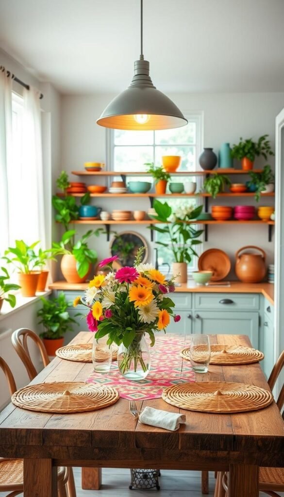 A bright, cheerful summer kitchen filled with vibrant colors and natural textures. In the foreground, a rustic wooden table adorned with a vibrant patterned tablecloth, woven placemats, and a vase of fresh flowers. Suspended overhead, a sleek pendant light casts a warm, ambient glow. Along the walls, shelves display a collection of colorful ceramic dishware, accented by lush potted plants. The background features large windows with sheer curtains, allowing ample natural light to flood the space and create a sense of airiness. The overall atmosphere evokes a relaxed, inviting mood perfect for summer entertaining. A bright, cheerful summer kitchen filled with vibrant colors and natural textures. In the foreground, a rustic wooden table adorned with a vibrant patterned tablecloth, woven placemats, and a vase of fresh flowers. Suspended overhead, a sleek pendant light casts a warm, ambient glow. Along the walls, shelves display a collection of colorful ceramic dishware, accented by lush potted plants. The background features large windows with sheer curtains, allowing ample natural light to flood the space and create a sense of airiness. The overall atmosphere evokes a relaxed, inviting mood perfect for summer entertaining.